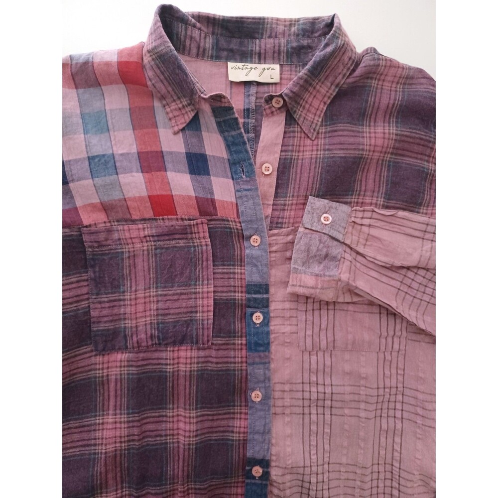 Vintage Goa Patchwork Plaid Shirt Large 90's Grunge‎ Boho Western Pink Boho